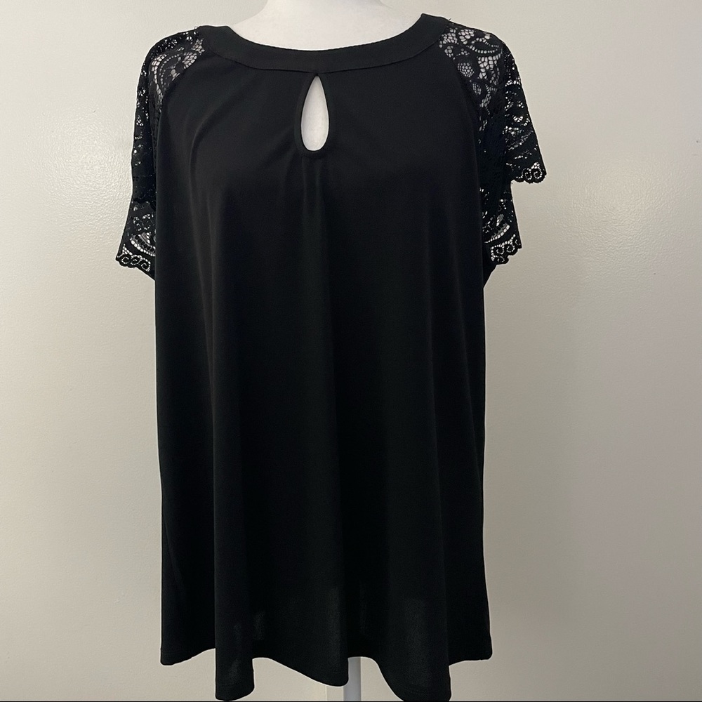 Black Studio Knit Lace Sleeve Top